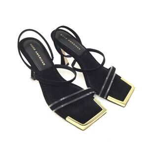 Good American Suede Strappy Heels Gold Square Toe Black Sz 6.5
